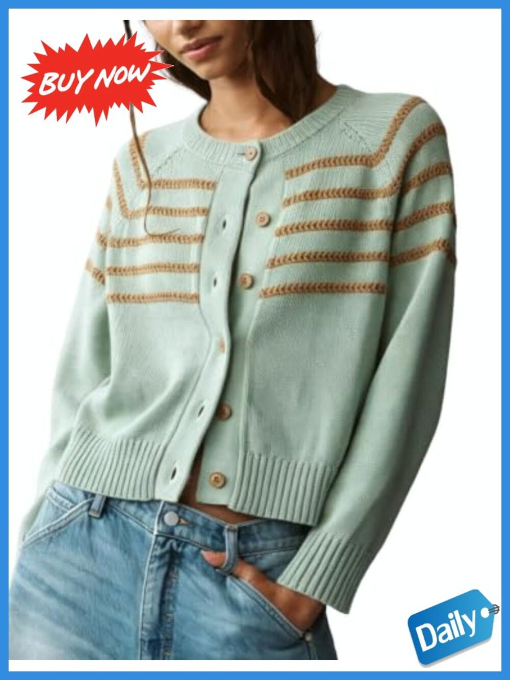 Women's Striped Button Down Cropped Knit Cardigan Sweater Long Sleeve
